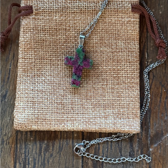 Jewelry - Ruby Zoisite Cross Necklace Ruby in Zoisite Necklace Genuine Crystal Necklace